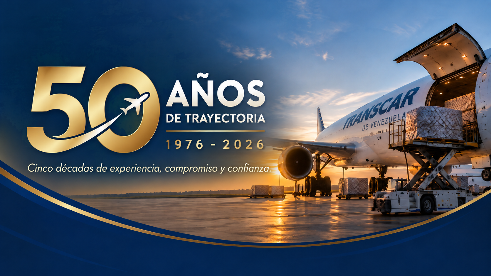 Banner conmemorativo por los 50 años de Transcar de Venezuela con avión de carga y texto 1976–2026